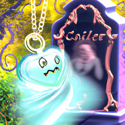 An image depicting Casper's girlfriend ghost, enveloped in an ethereal glow of love, as she playfully floats through a graveyard, with a mysterious locket dangling from her translucent form, hinting at the enigmatic origins of their romance
