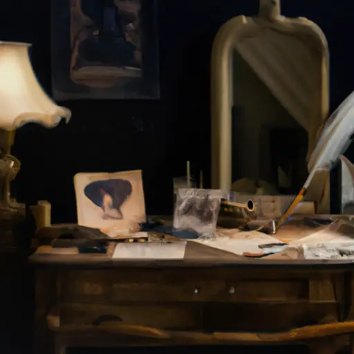 An image showcasing a dimly lit attic room with a vintage vanity adorned with a delicate, pearl-handled brush, a faded photograph of a flapper girl, and a dusty diary filled with cryptic love letters