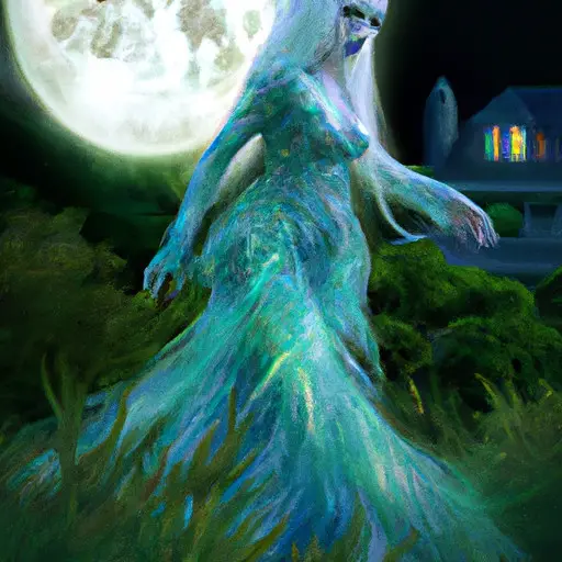 An image showcasing Casper's ethereal girlfriend, a radiant apparition with flowing silver-white hair, luminous turquoise eyes, and a translucent gown that billows gracefully as she hovers playfully amidst a moonlit garden