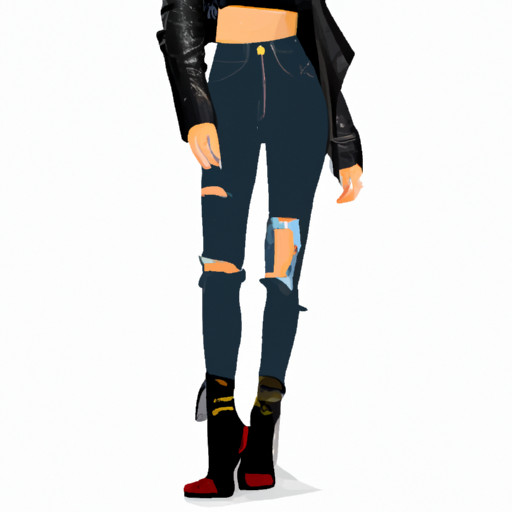 An image showcasing a fashionable woman wearing a loose-fitting, off-the-shoulder black top paired with high-waisted distressed jeans, accessorized with a delicate gold necklace, black ankle boots, and a chic black leather jacket