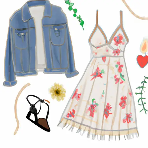 An image showcasing a chic and effortless casual dinner outfit: a flowy, knee-length floral dress paired with strappy sandals, a dainty necklace, and a denim jacket draped over the shoulders