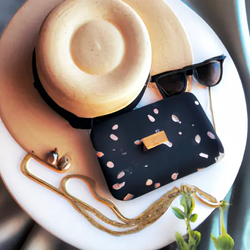 An image showcasing a stylish casual dinner outfit with must-have accessories: a delicate gold necklace, a sleek black clutch, and oversized sunglasses resting on a trendy straw hat