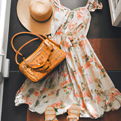 Nt image showcasing a trendy casual dinner outfit: a flowy beige midi dress with a delicate floral print, paired with strappy caramel-colored sandals, a straw hat, and a woven rattan handbag