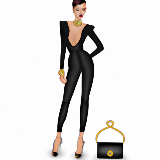 An image showcasing a fashionable lady wearing a tailored black jumpsuit paired with metallic gold stiletto heels, accessorized with a statement necklace and a sleek clutch bag