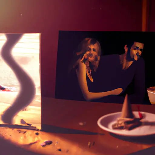 An image of a dimly-lit room, where a torn photograph of a happy couple lies on a table, while a shadowy figure hovers nearby, representing the allure of temptation and the inner turmoil of cheating on an ex-lover