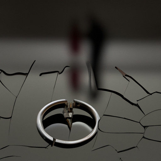 An image featuring a broken wedding ring lying on a shattered mirror, reflecting the silhouette of a couple arguing in the background