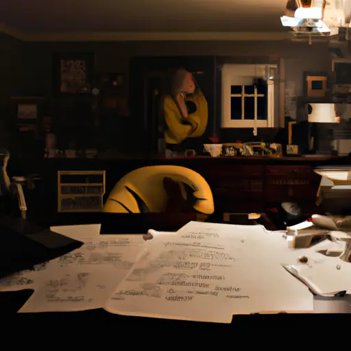 An image capturing a dimly lit room, where a solitary figure sits at a table covered in scattered photographs and handwritten notes, their face reflecting a mix of regret, introspection, and remorse
