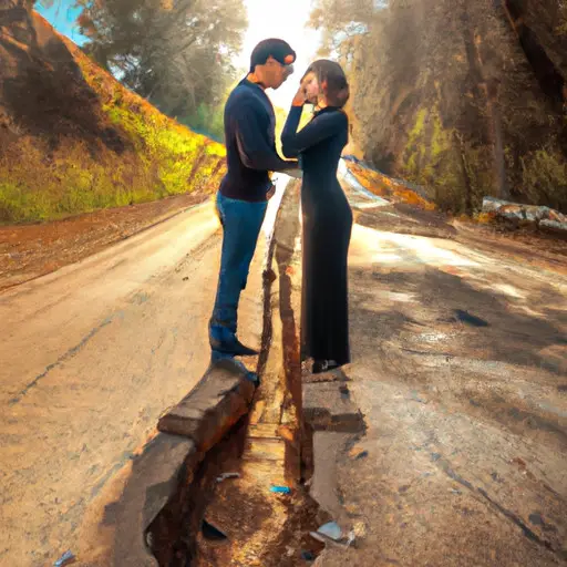 An image capturing a couple standing at opposite ends of a broken, winding road
