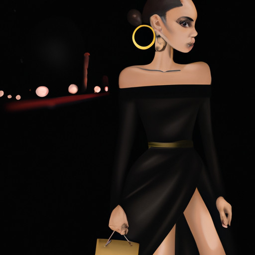 An image of a sophisticated woman in a black, off-the-shoulder dress, accessorized with gold hoop earrings and a statement clutch