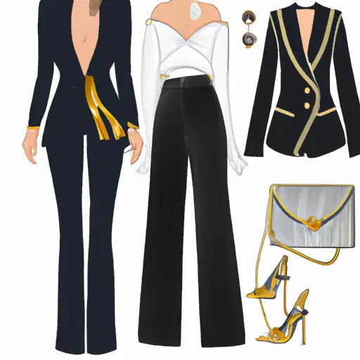 An image showcasing a chic dinner outfit: a tailored black blazer with a silk white blouse, paired with high-waisted wide-leg trousers in a deep navy blue, accessorized with a statement gold necklace and elegant black heels