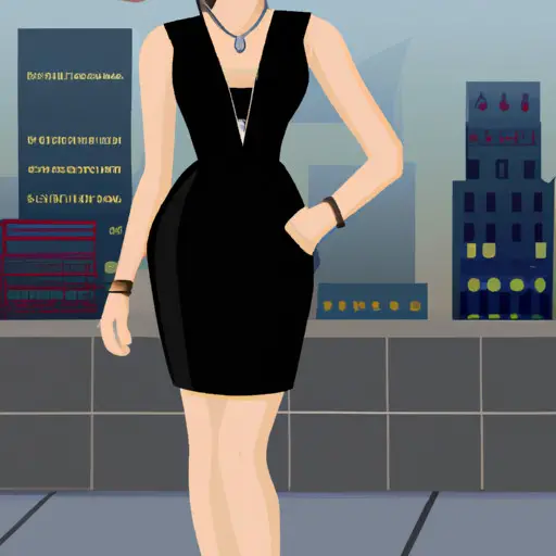 An image of a stylish woman in a fitted, knee-length black dress, accessorized with a statement necklace and heels