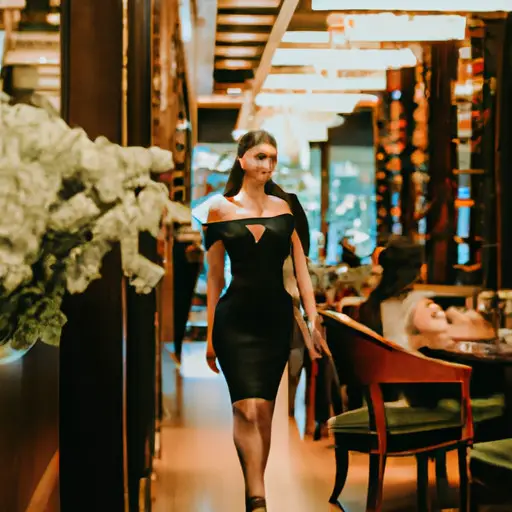 an alluring image of a sophisticated lady dressed in a sleek black off-shoulder dress, accentuating her waist with a thin golden belt, paired with classic black stiletto heels, exuding confidence and elegance as she enters a dimly lit, upscale restaurant