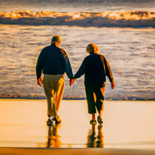 E image of two mature individuals, walking hand in hand along a sun-kissed beach, their smiles radiating warmth and contentment
