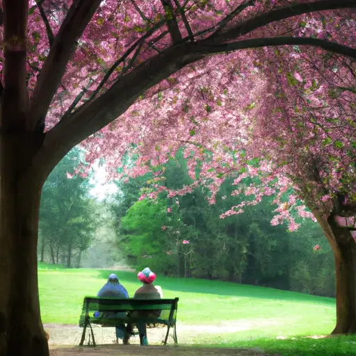 An evocative image of a serene park bench nestled beneath the vibrant canopy of a blossoming cherry tree, where two mature Christian singles, aged over 50, find solace and connection
