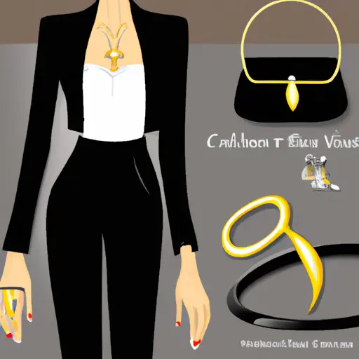 An image showcasing a sophisticated dinner date outfit: A tailored black blazer over a sleek white silk camisole, paired with high-waisted black trousers, delicate gold hoop earrings, a statement cuff bracelet, and a structured black clutch