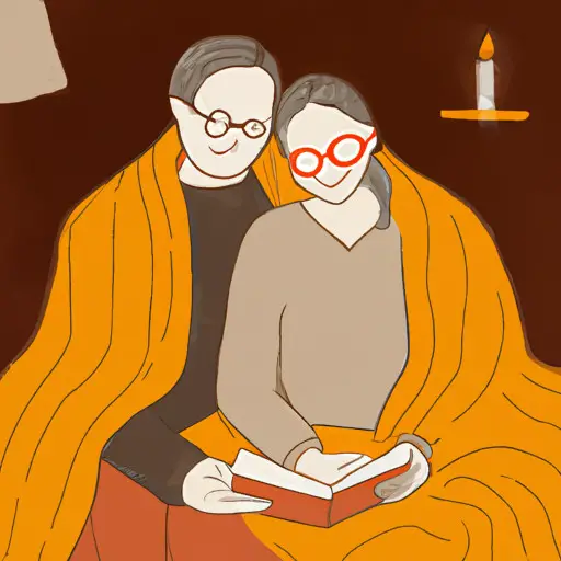 An image of a couple sitting close together on a cozy couch, wrapped in a soft blanket, reading books with contented expressions, surrounded by flickering candlelight and a faint glow from a fireplace