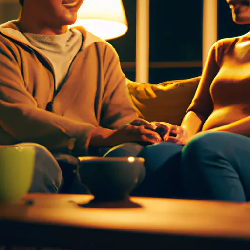 An image of a cozy living room with a couple sitting together, engrossed in a peaceful conversation while holding hands