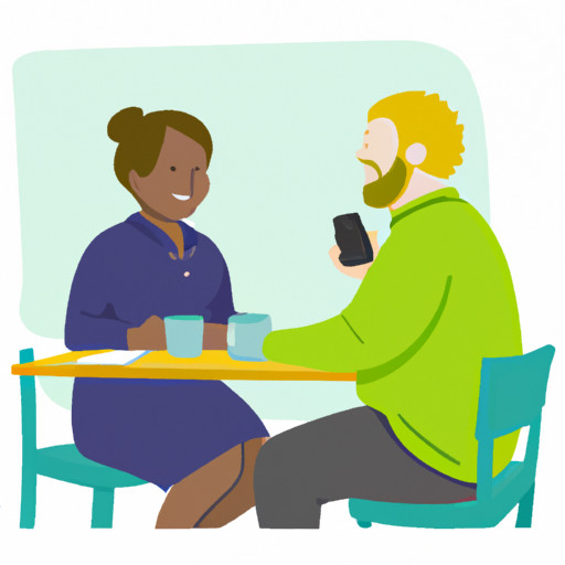 An image showcasing a cozy café scene: two individuals engrossed in conversation, their smiles of genuine connection echoing amidst the warm ambiance
