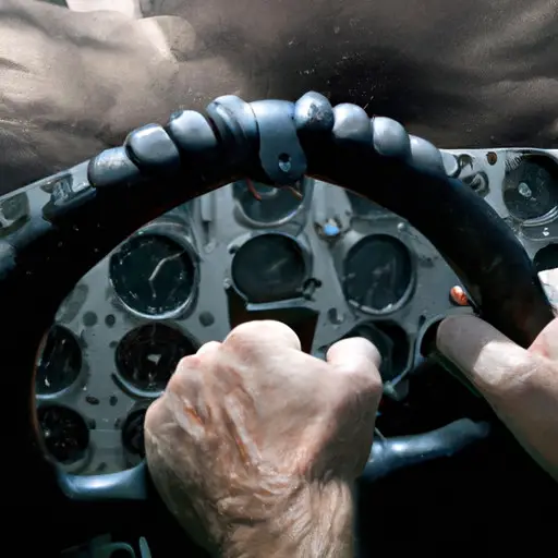 An image capturing the heavy burden of a pilot's job: a close-up of trembling hands gripping a control wheel, beads of sweat on a forehead, and a backdrop of a turbulent stormy sky