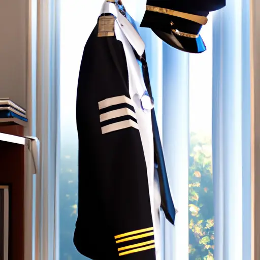 An image of a pilot's uniform hanging sadly on a coat rack, surrounded by flight manuals, while outside the window an airplane takes off in the distance, symbolizing the sacrifice of job stability and limited career growth in the pilot profession