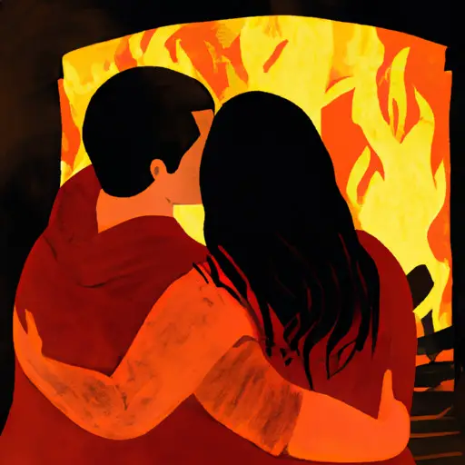 An image showcasing a couple in a cozy embrace, nestled beside a crackling fireplace