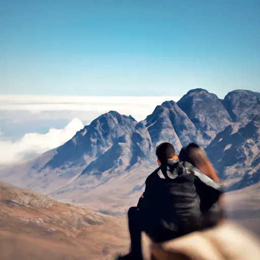  a breathtaking moment of a couple perched on a rocky cliff edge, embracing each other in a passionate kiss as they overlook a vast, majestic mountain range in the distance