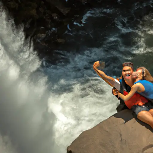  the thrill of the abyss! Frame a couple's selfie high above a cascading waterfall, both grinning euphorically as the rushing water creates a mesmerizing backdrop