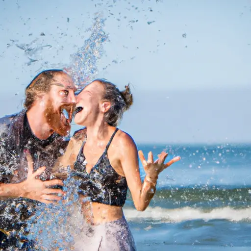 An image capturing a couple mid-laughter, playfully splashing water at each other on a sunny beach