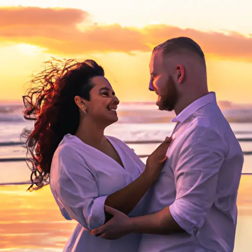 a spontaneous moment of love and laughter as a couple, standing on a sandy beach, with their arms intertwined