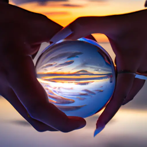  a magical moment: A couple stands against a stunning sunset backdrop, their intertwined fingers holding a sparkling crystal ball, reflecting their love and dreams