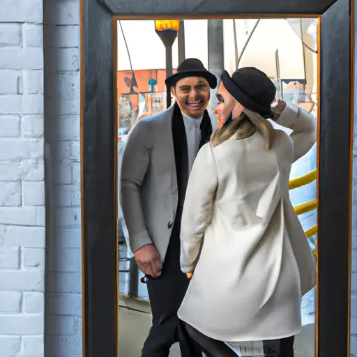 a candid moment of a stylish couple, standing close together in front of a mirror