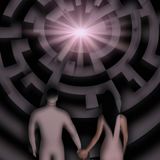 An image of a couple holding hands, surrounded by a maze of obstacles symbolizing challenges, with a faint glimpse of a guiding light shining through, depicting the complexities faced when navigating the path of courting in a Christian context