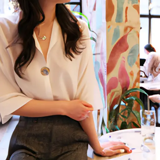  a charming scene at a cozy bistro: A confident young woman with tousled waves, sporting a chic oversized blazer in a soft pastel shade, paired with high-waisted jeans and delicate gold jewelry