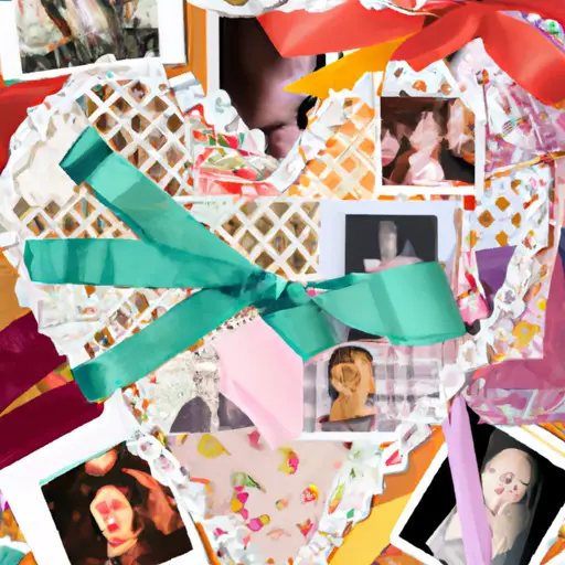 An image of a heart-shaped picture collage, adorned with delicate lace trimmings and colorful washi tape, showcasing cherished memories of the couple, like a captivating mosaic of love and happiness