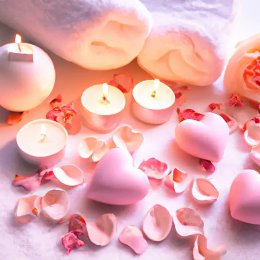 An image featuring a charming collection of pastel-colored, heart-shaped bath bombs resting on a bed of rose petals, surrounded by delicate rose-scented candles and a plush towel, evoking a romantic and relaxing DIY spa experience
