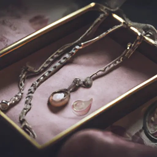 An image showcasing a delicate silver necklace adorned with a dainty rose quartz pendant, nestled in a vintage-inspired jewelry box