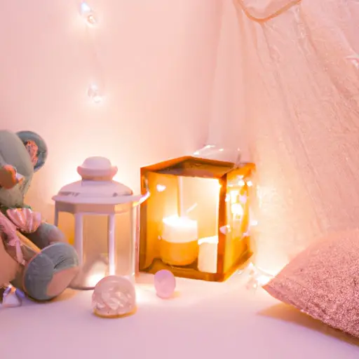 E of a cozy, pastel-hued bedroom corner adorned with delicate paper lanterns, a dainty hand-knitted blanket, and a handmade teddy bear sitting on a shelf