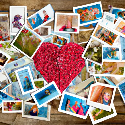 An image showcasing a heart-shaped personalized photo collage, adorned with vibrant pictures capturing cherished memories, carefully arranged on a rustic wooden background