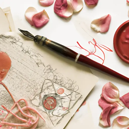 An image showcasing a delicate, handcrafted love letter, adorned with intricate calligraphy and sealed with a wax stamp, surrounded by a scattering of dried rose petals and a vintage fountain pen