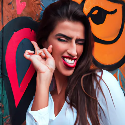 An image showcasing a smiling lady with a playful wink, leaning against a colorful wall adorned with heart-shaped graffiti