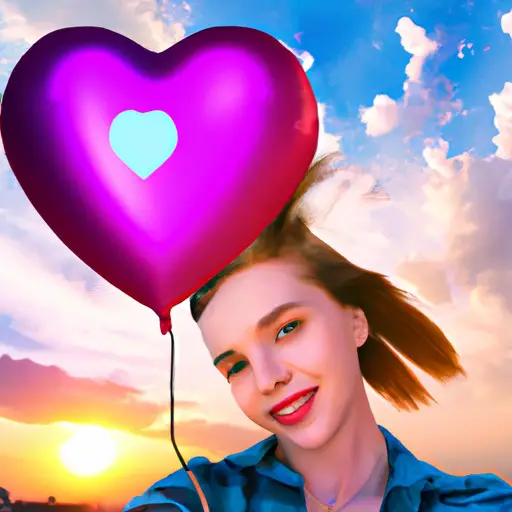 An image showcasing a smiling girl with tousled hair, holding a heart-shaped balloon against a dreamy sunset backdrop