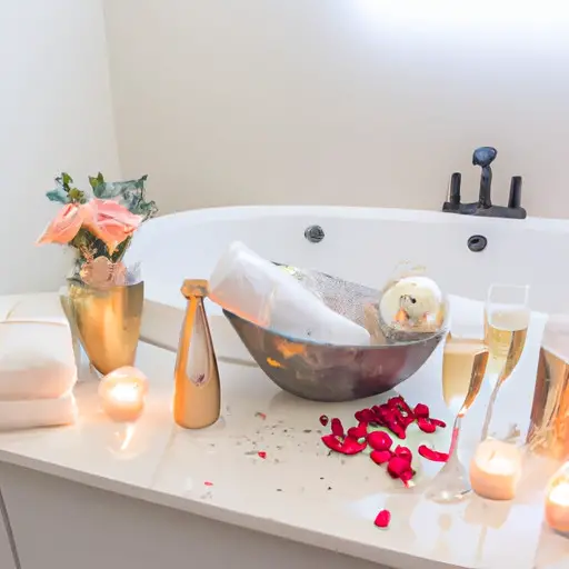 An inviting image of a cozy bathroom adorned with rose petals, flickering scented candles, and a plush towel folded neatly beside a handcrafted bath bomb