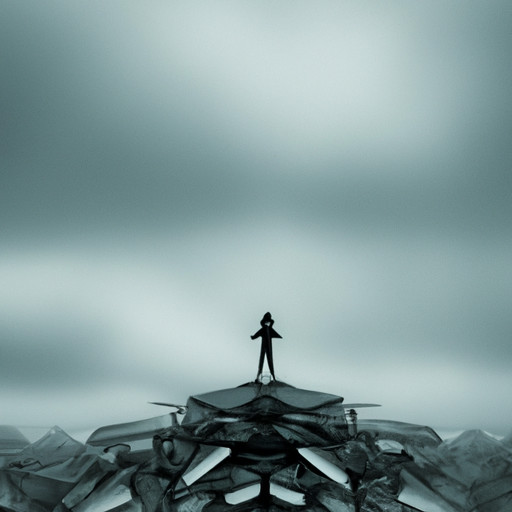 An image showcasing the menace of narcissistic personalities: a dark silhouette standing alone atop a mountain of shattered mirrors, reflecting only their own image, while stormy clouds loom overhead, symbolizing the havoc they wreak on others