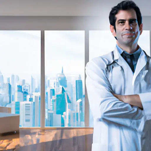 An image of a confident doctor in a white lab coat, standing in a well-furnished home office with a panoramic view of a bustling cityscape, symbolizing the stability and financial security that comes with dating a doctor