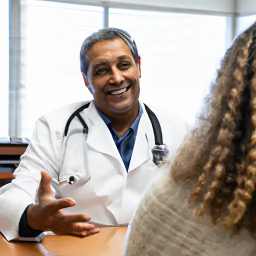 An image featuring a confident, compassionate doctor dressed in a white coat, engaged in a warm conversation with a smiling patient in a well-lit, modern medical office, showcasing the genuine connection and trust between them