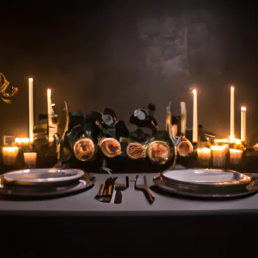 An image of a beautifully set table with flickering candles, delicate fairy lights, and a bouquet of roses