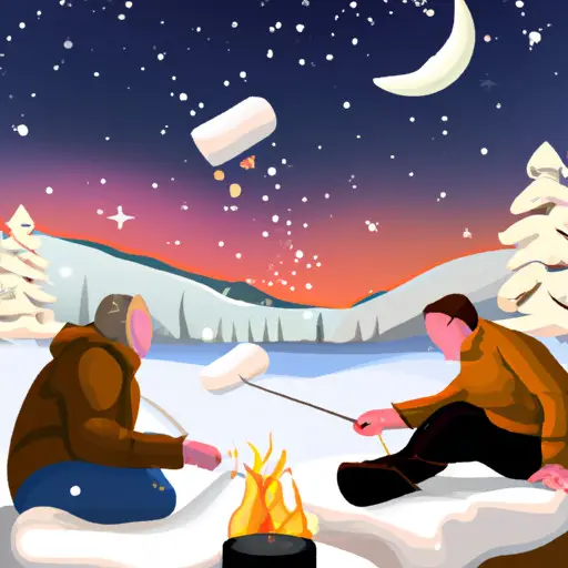 An image of a cozy campfire surrounded by a picturesque winter landscape