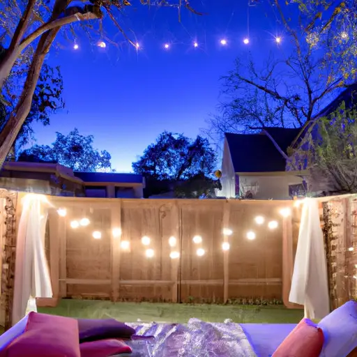 An image capturing the serene charm of a cozy backyard adorned with twinkling string lights, plush blankets, and a large outdoor screen, ready for a romantic movie night under the starry winter sky