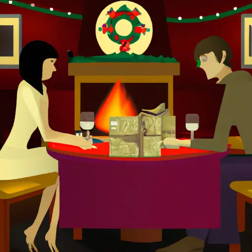 An image showcasing a cozy winter scene: a couple sitting by a crackling fireplace, exchanging thoughtful gifts wrapped in festive paper, surrounded by twinkling Christmas lights and a table set for a romantic dinner for two