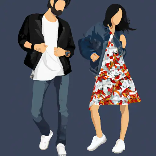 An image that showcases two people on a casual date: a woman wearing a knee-length floral dress, paired with white sneakers and a denim jacket, and a man in dark jeans, a button-down shirt, and a leather jacket